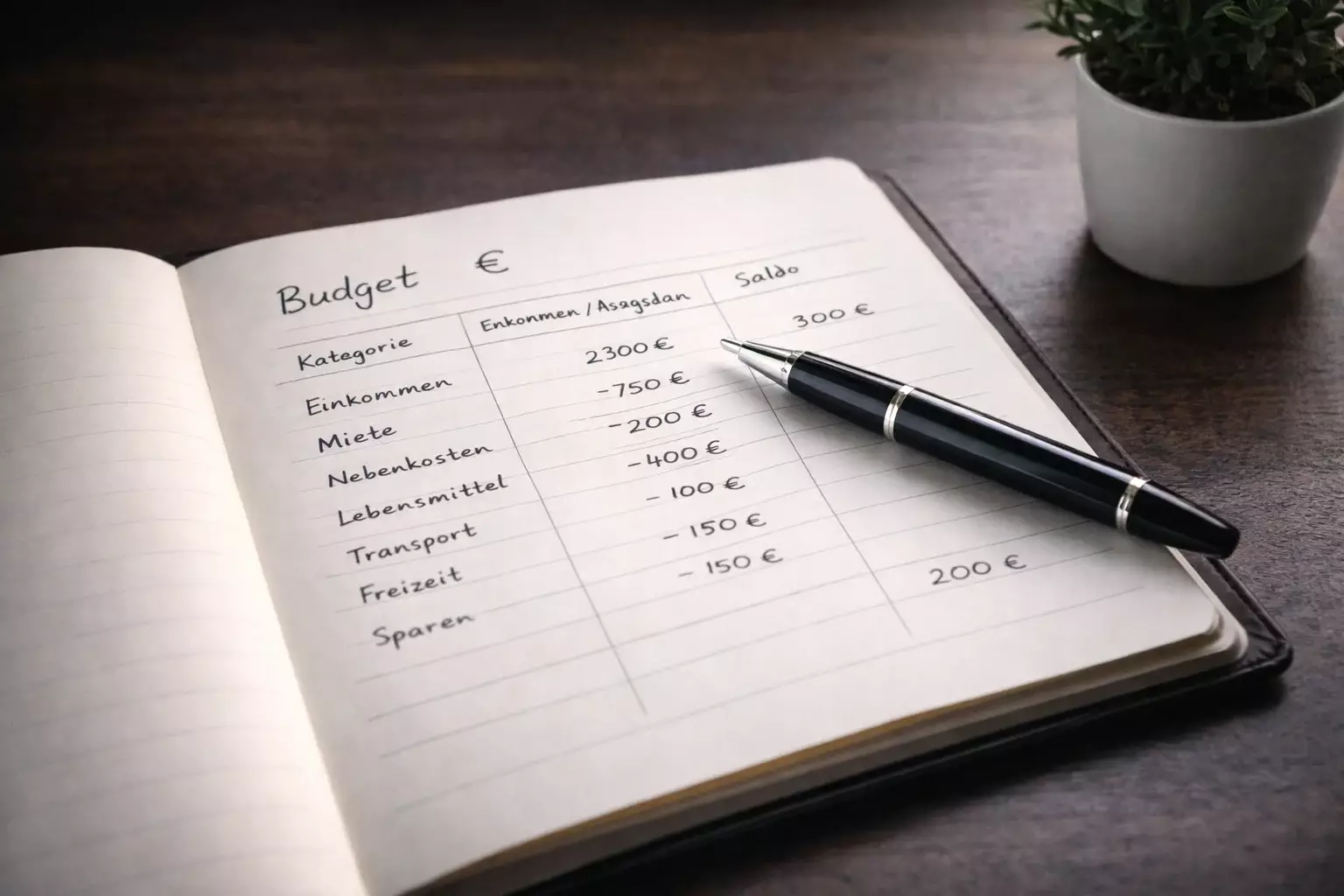 Notizbuch mit Budget-Planung und Stift