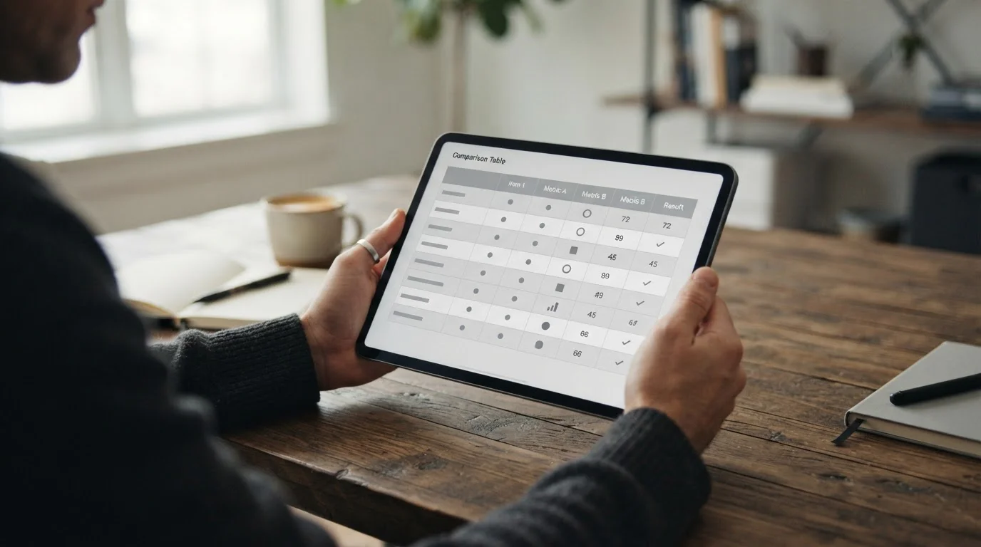 Vergleichstabelle auf Tablet-Bildschirm mit neutralen Datenspalten