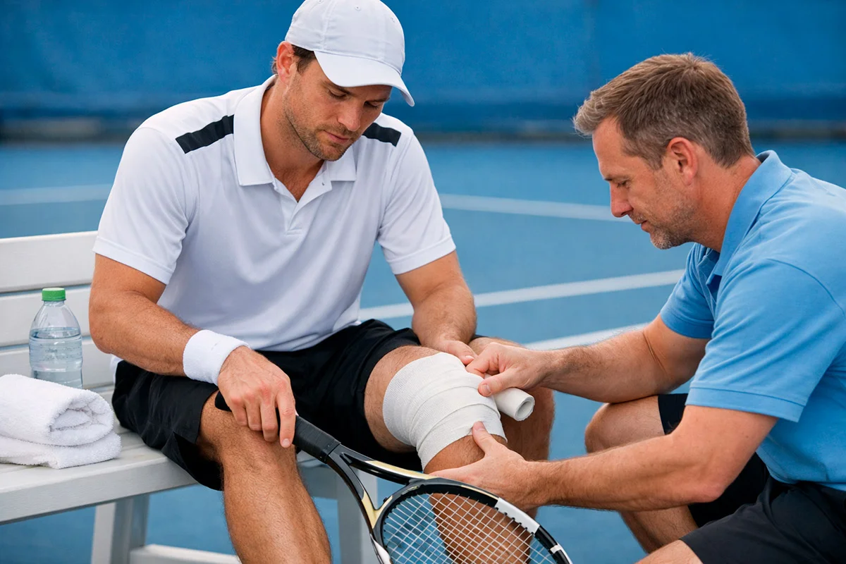 Tennisspieler sitzt auf der Bank und lässt sein Knie bandagieren