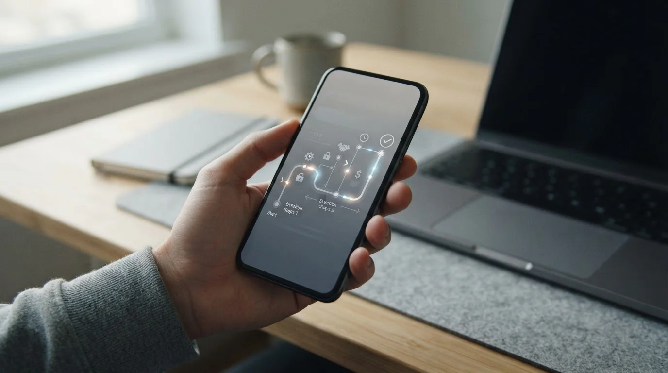 Smartphone zeigt abstrakten Zahlungsvorgang mit Zeitangaben für Einzahlung und Auszahlung