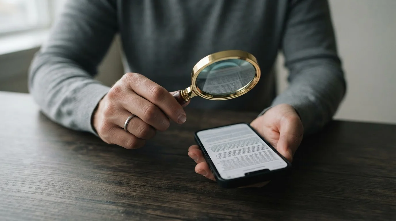 Hand mit Lupe über Smartphone-Screen mit Bonusbedingungen in kleiner Schrift