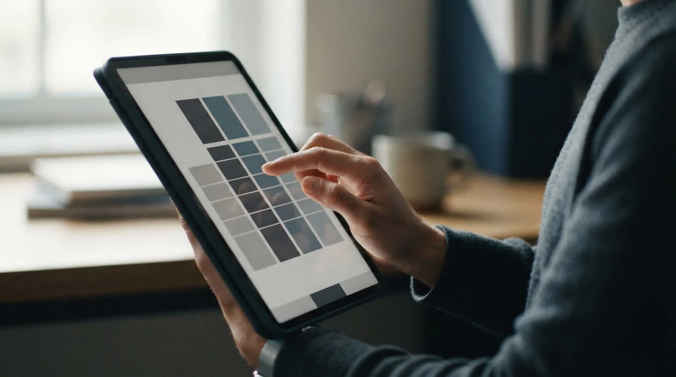 Nahaufnahme einer Hand, die auf Tablet durch Vergleichstabelle von Wettanbietern scrollt