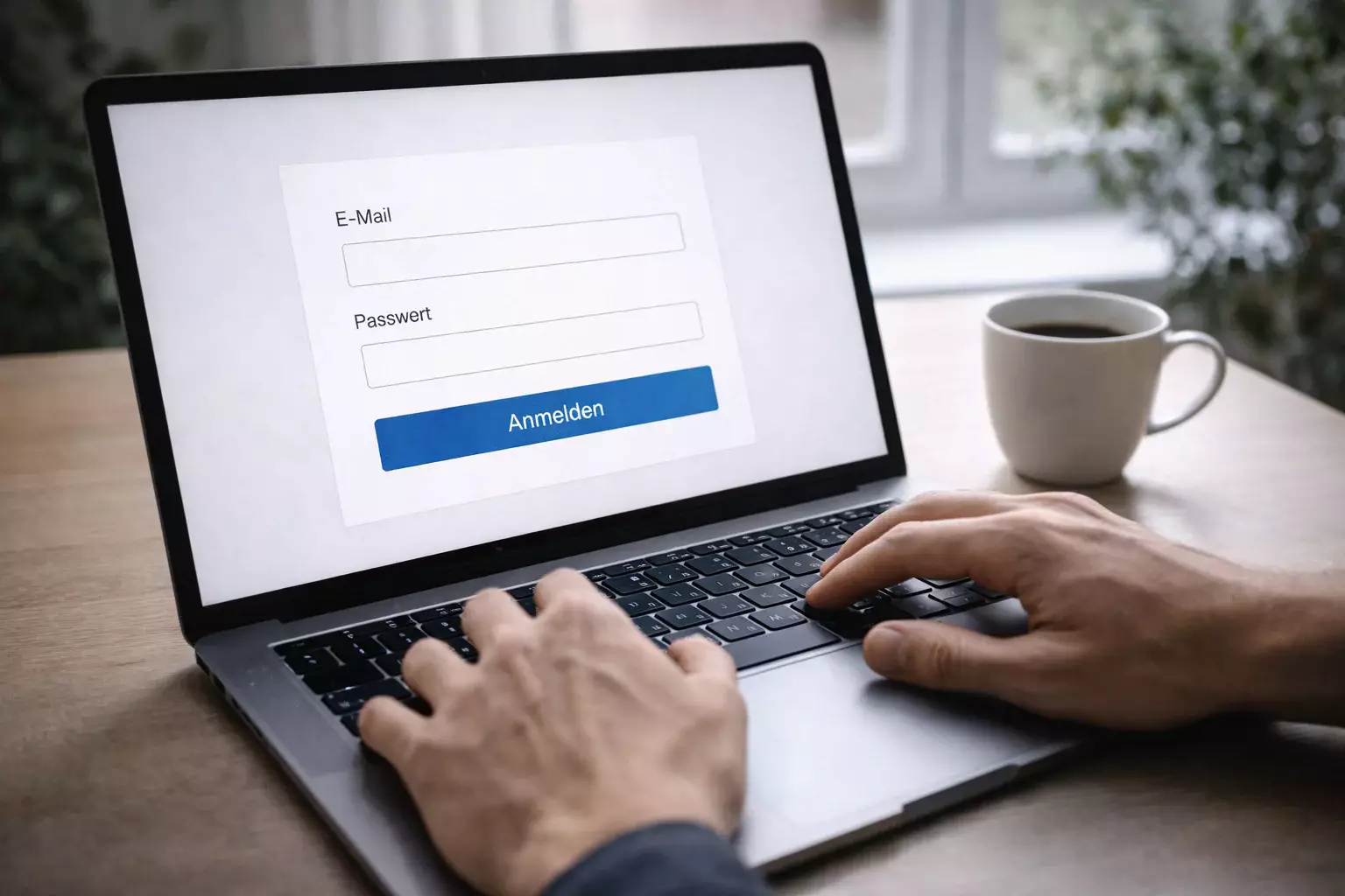 Hand tippt auf Laptop-Tastatur bei Anmeldung