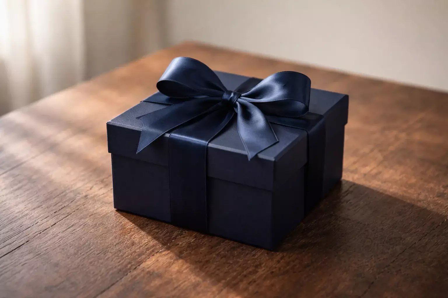 Geschenkbox mit Schleife auf Holztisch
