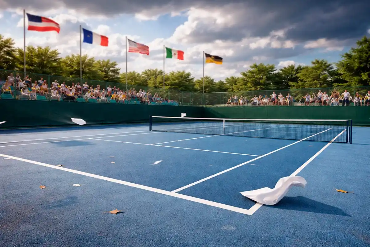 Tennisplatz unter freiem Himmel bei starkem Wind mit wehenden Fahnen
