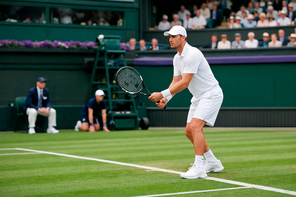 Gepflegter Rasenplatz in Wimbledon mit weißen Linien und Tennisspieler in weißer Kleidung