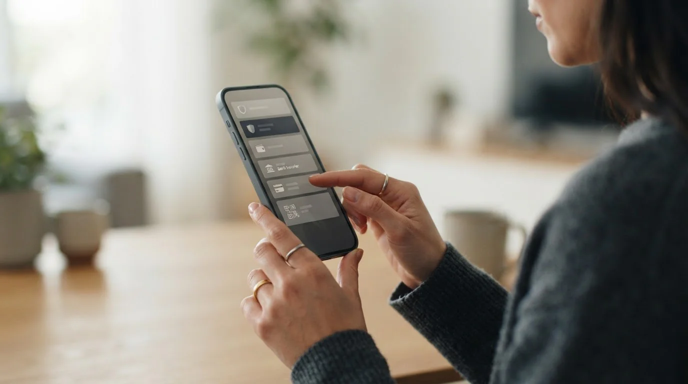Hand wählt Zahlungsoption auf Smartphone-Display